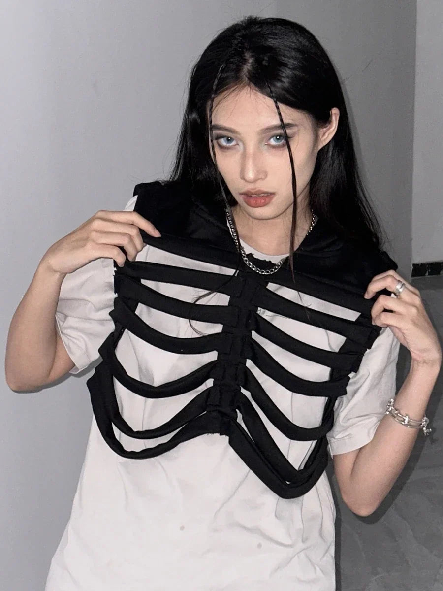 Women Gothic Vest Coat Hollowed Skeletal Gilet Hoodie Sleeveless Hooded Waistcoat Streetwear for Party - product image 3