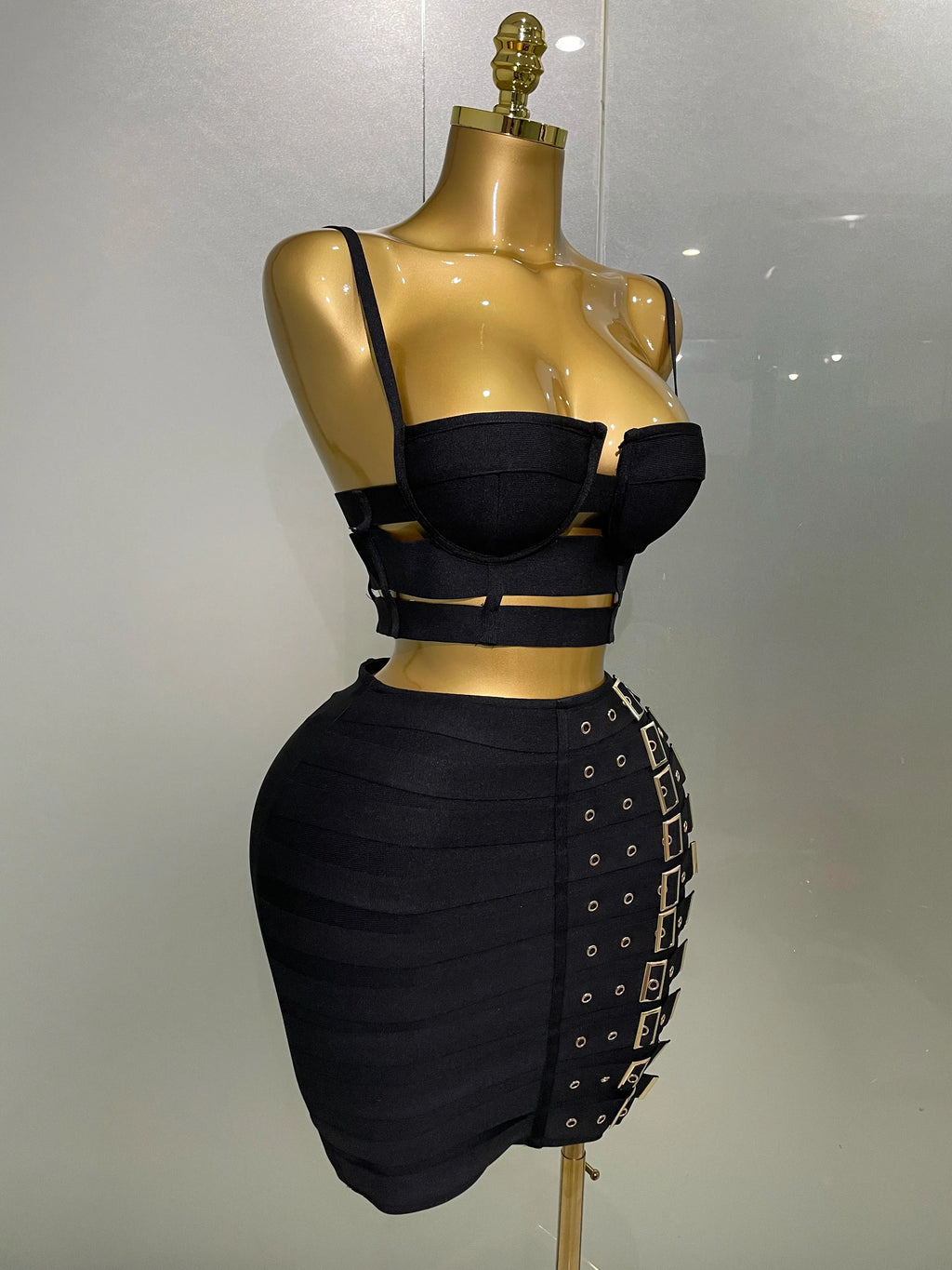 Sculpted Buckle Bandage Bustier & Mini Skirt Set