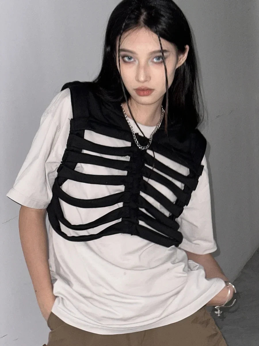 Women Gothic Vest Coat Hollowed Skeletal Gilet Hoodie Sleeveless Hooded Waistcoat Streetwear for Party - product image 4