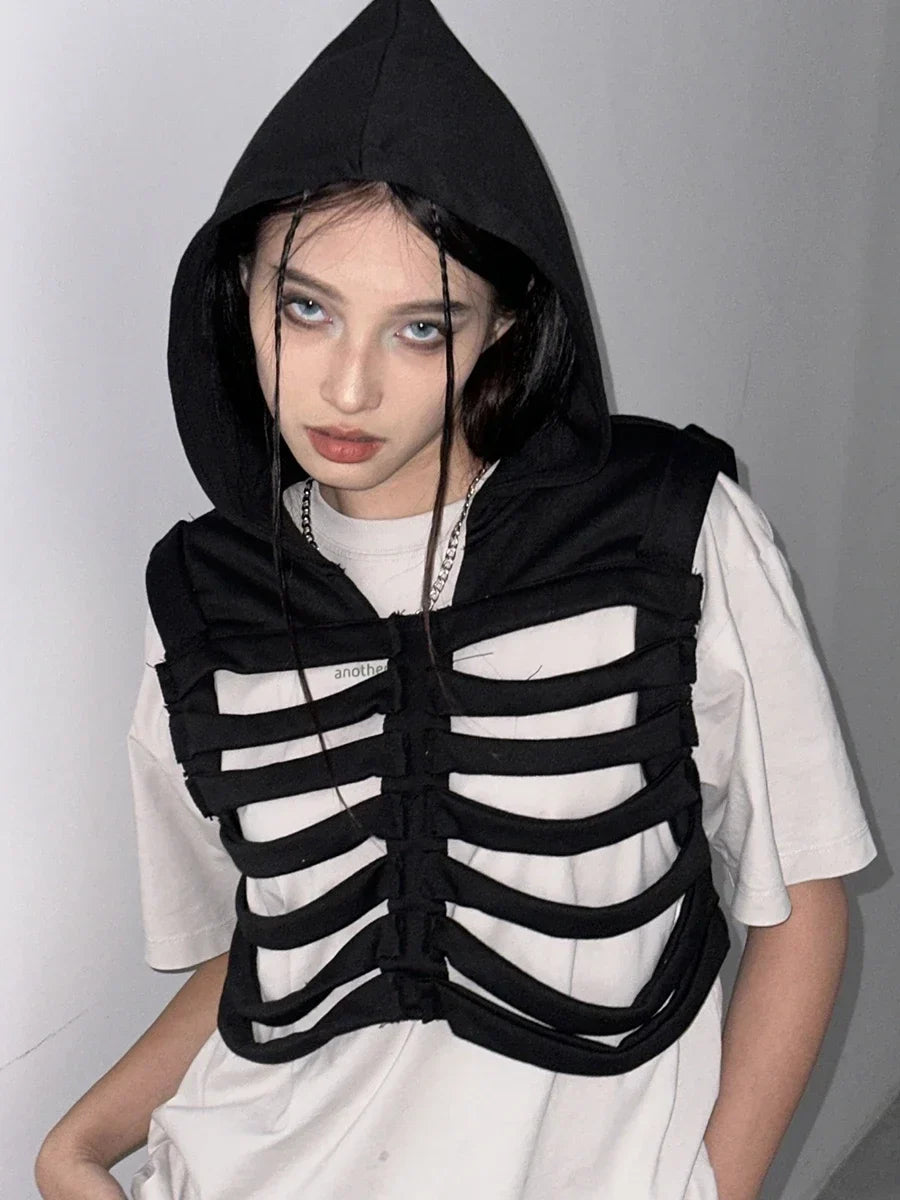 Women Gothic Vest Coat Hollowed Skeletal Gilet Hoodie Sleeveless Hooded Waistcoat Streetwear for Party - product image 2