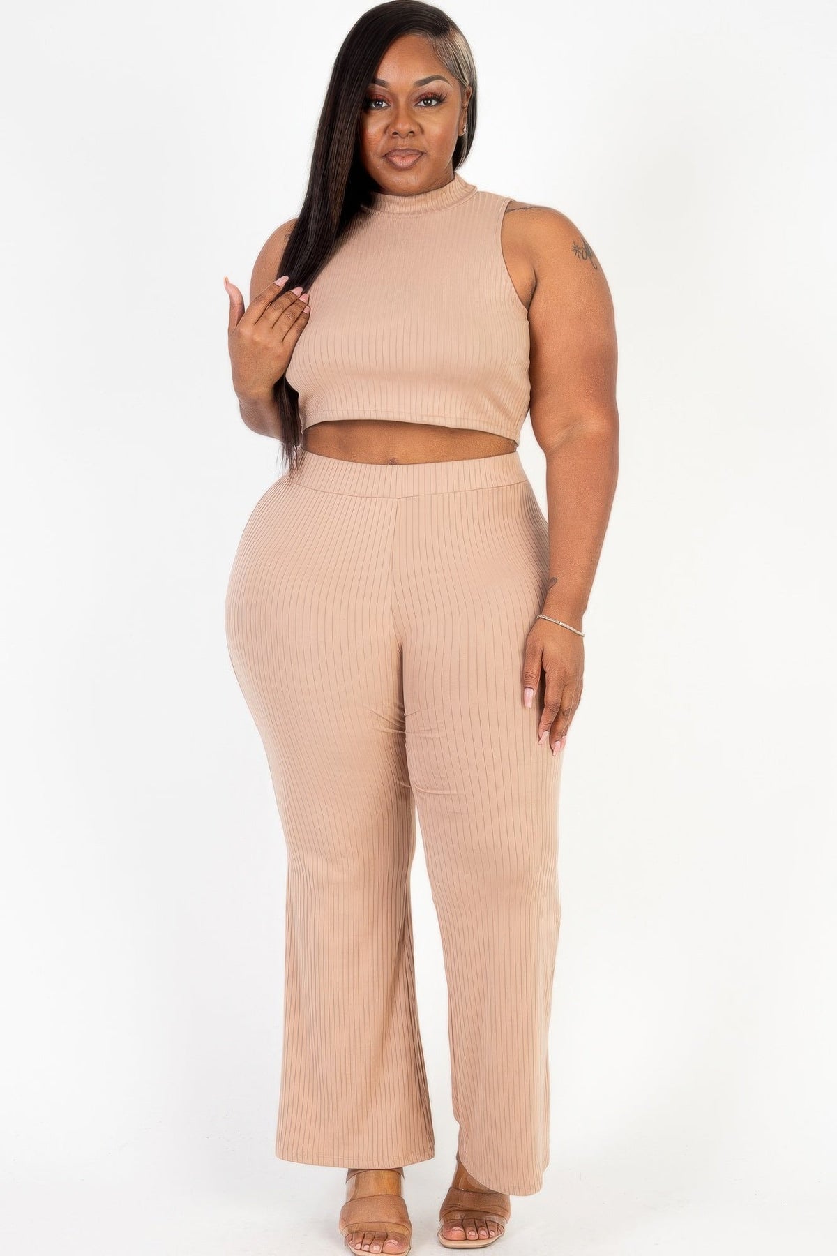 Ribbed Mock Neck Crop Tank Top & Bootcut Pants Set