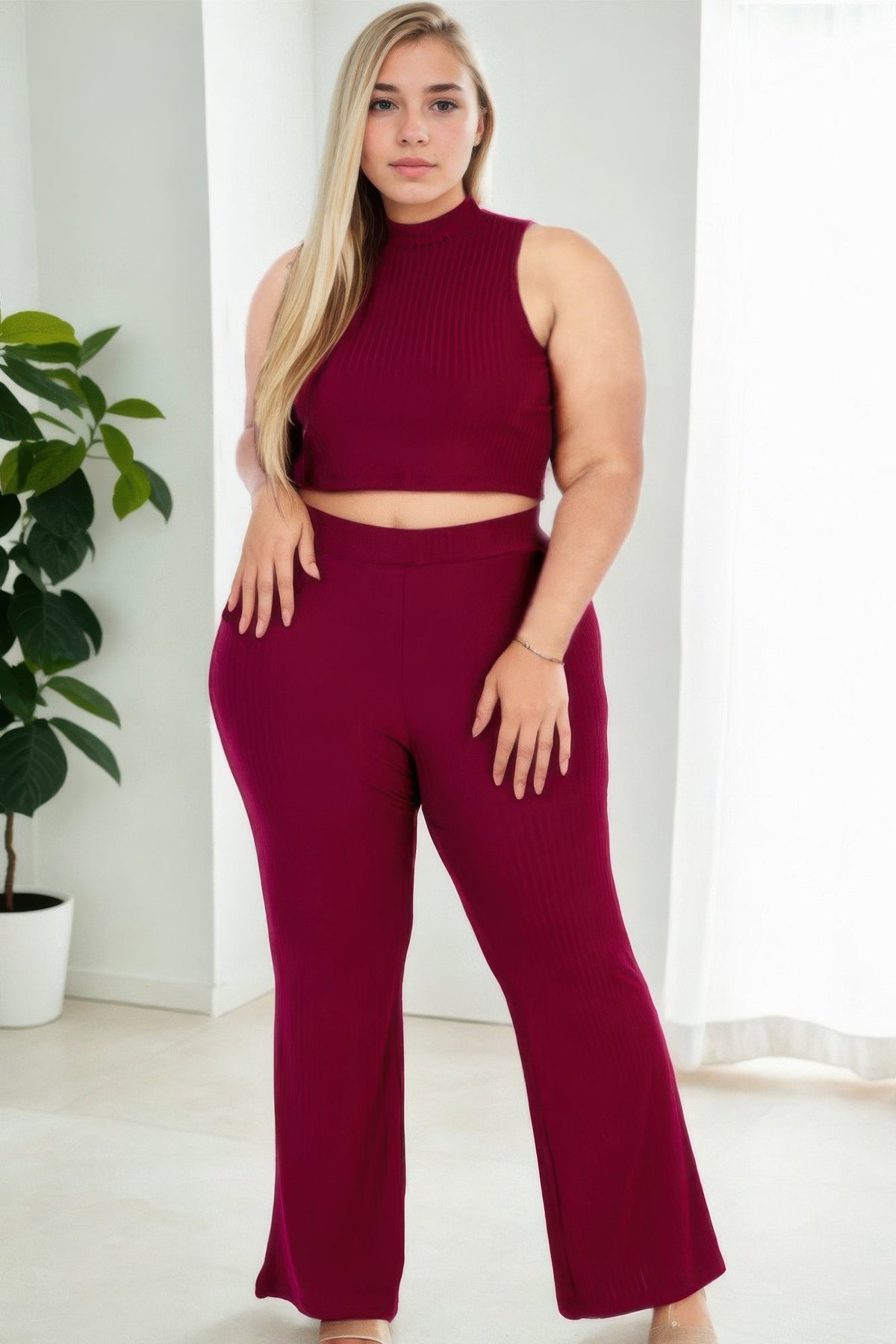 Ribbed Mock Neck Crop Tank Top & Bootcut Pants Set