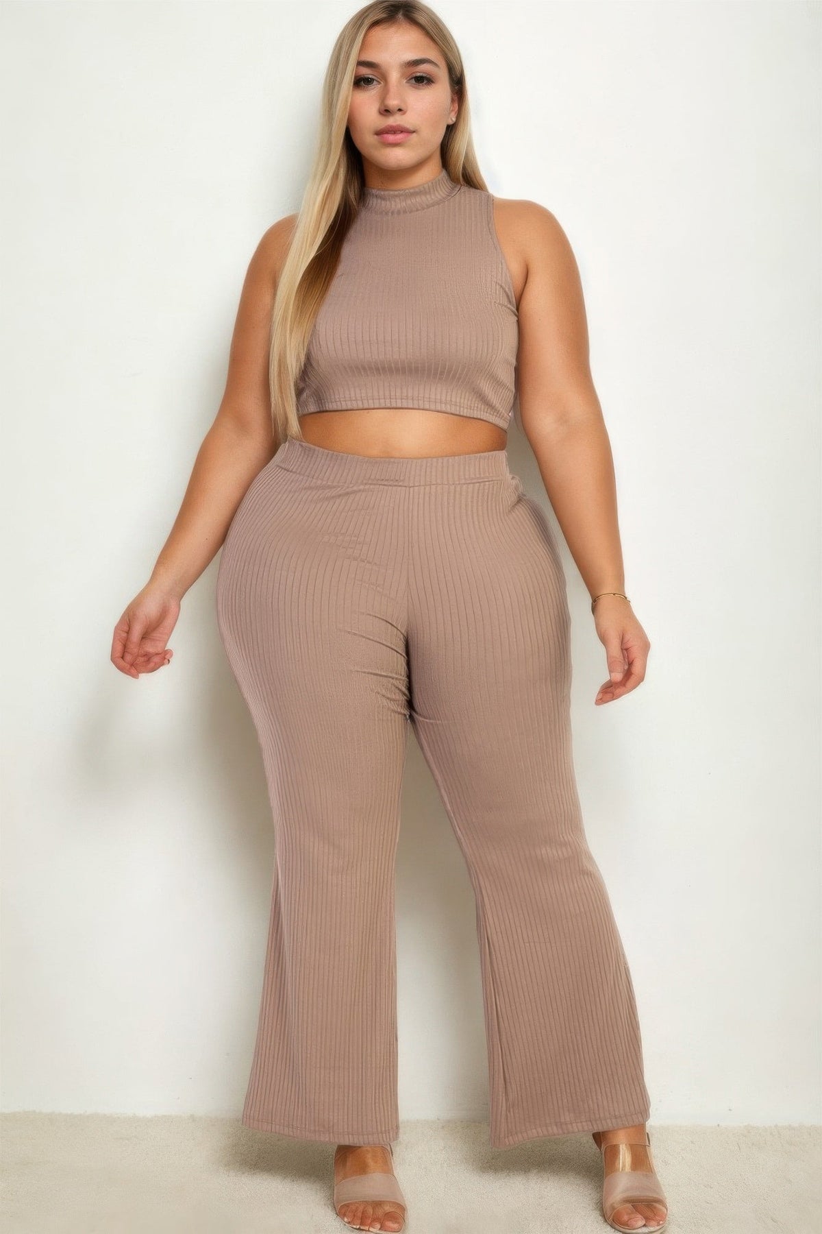 Ribbed Mock Neck Crop Tank Top & Bootcut Pants Set