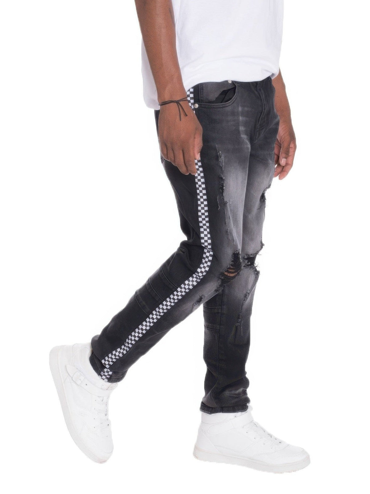 Men Distressed Denim Checkered Tape Jeans