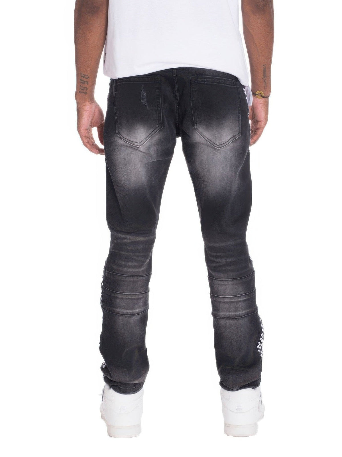 Men Distressed Denim Checkered Tape Jeans