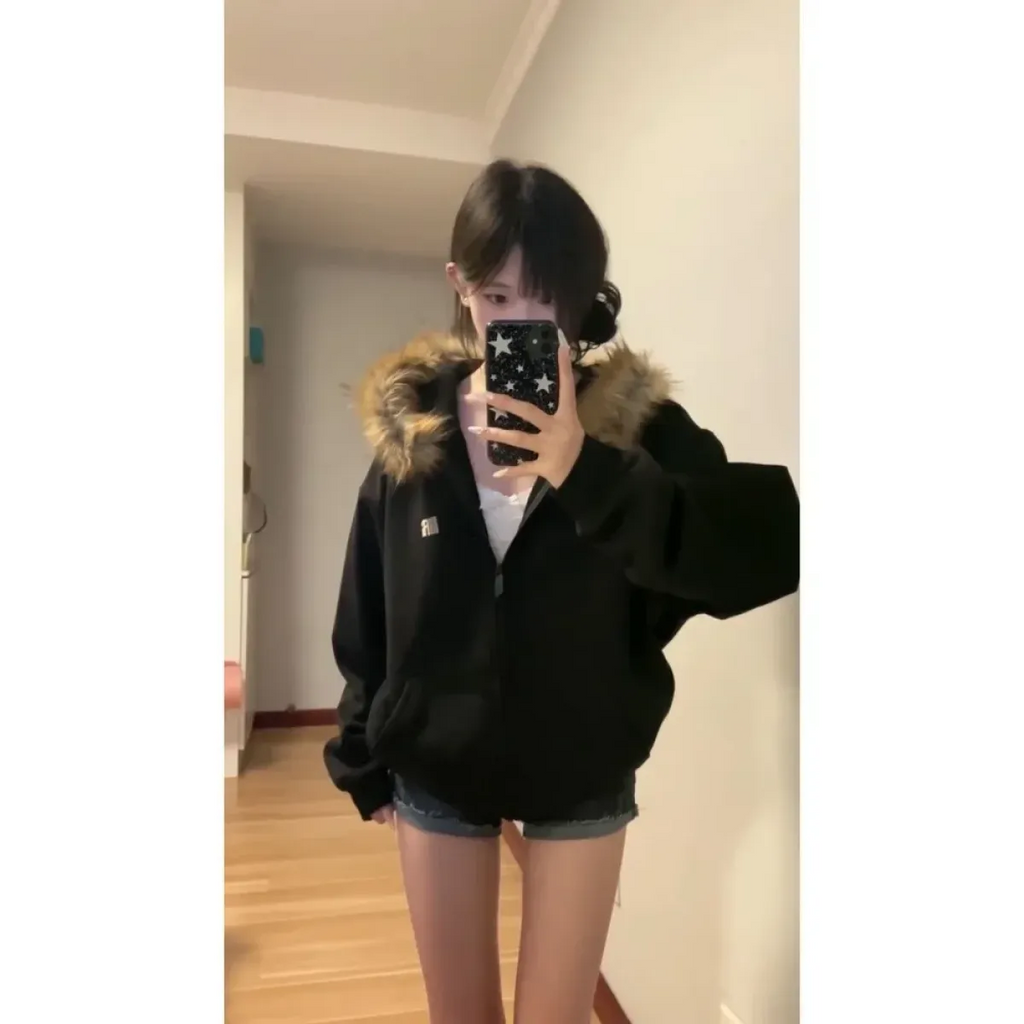 Black Faux Fur Hooded Zip-Up Jacket – Oversized Harajuku Style