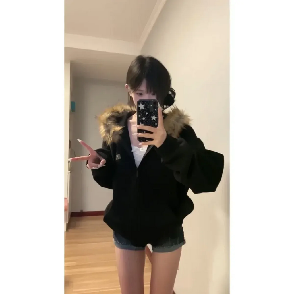 Black Faux Fur Hooded Zip-Up Jacket – Oversized Harajuku Style