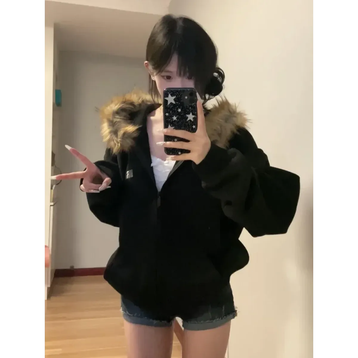 Black Faux Fur Hooded Zip-Up Jacket – Oversized Harajuku Style