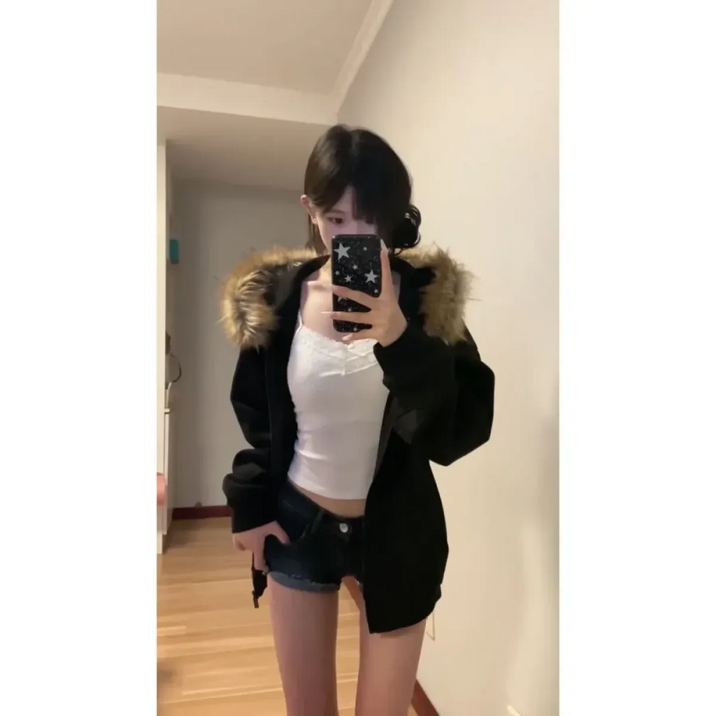 Black Faux Fur Hooded Zip-Up Jacket – Oversized Harajuku Style