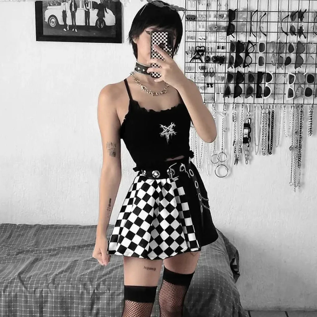 Checkerboard Gothic Punk Skirt – Grommet Chains & Contrast Panels - product image 3