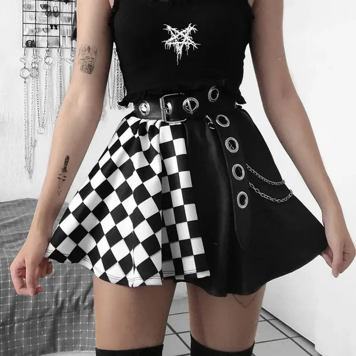 Checkerboard Gothic Punk Skirt – Grommet Chains & Contrast Panels - product image 1