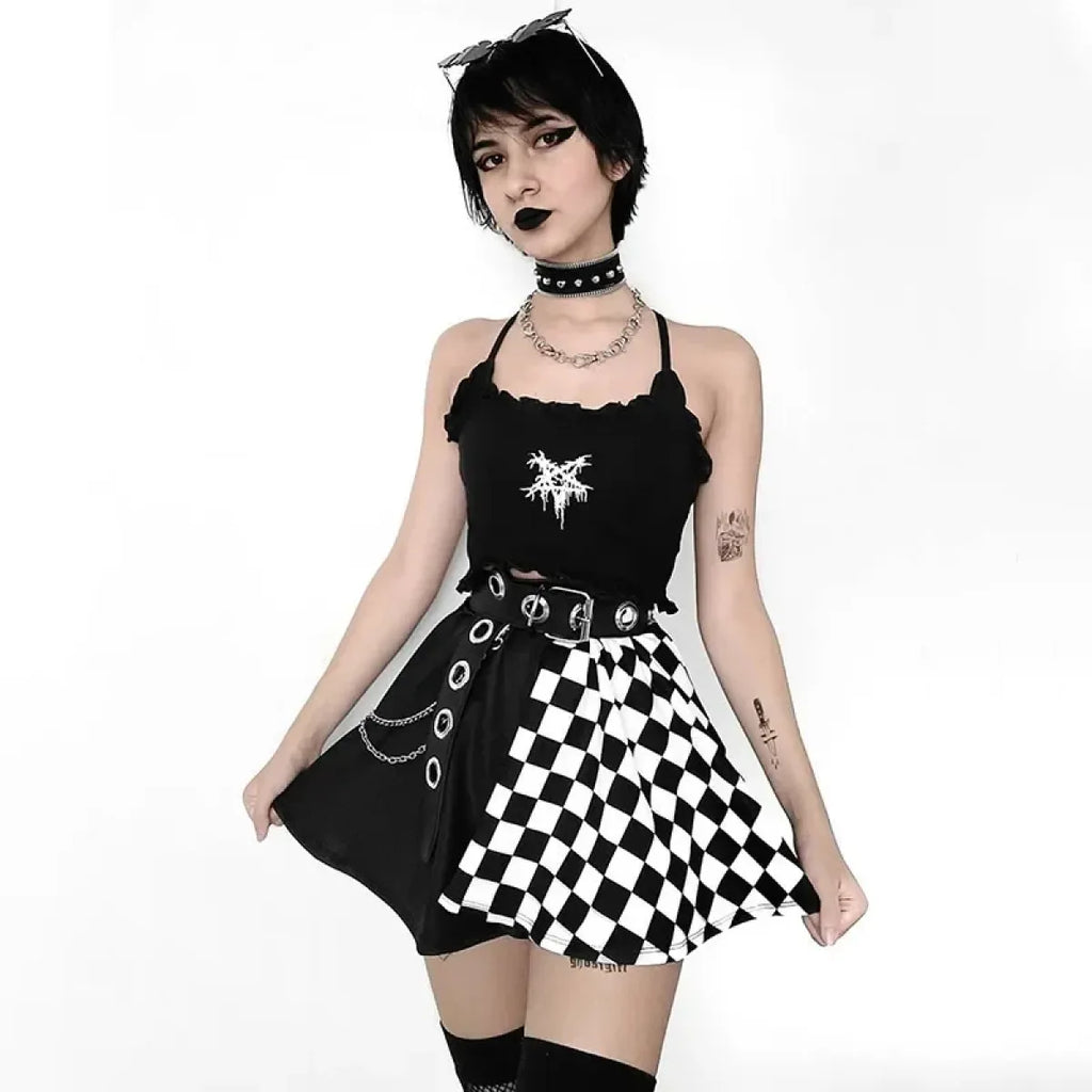 Checkerboard Gothic Punk Skirt – Grommet Chains & Contrast Panels - product image 4