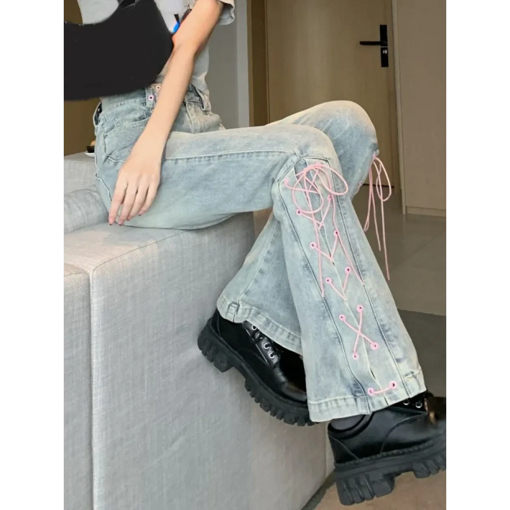 Denim Vintage Harajuku Lace-Up Flare Jeans