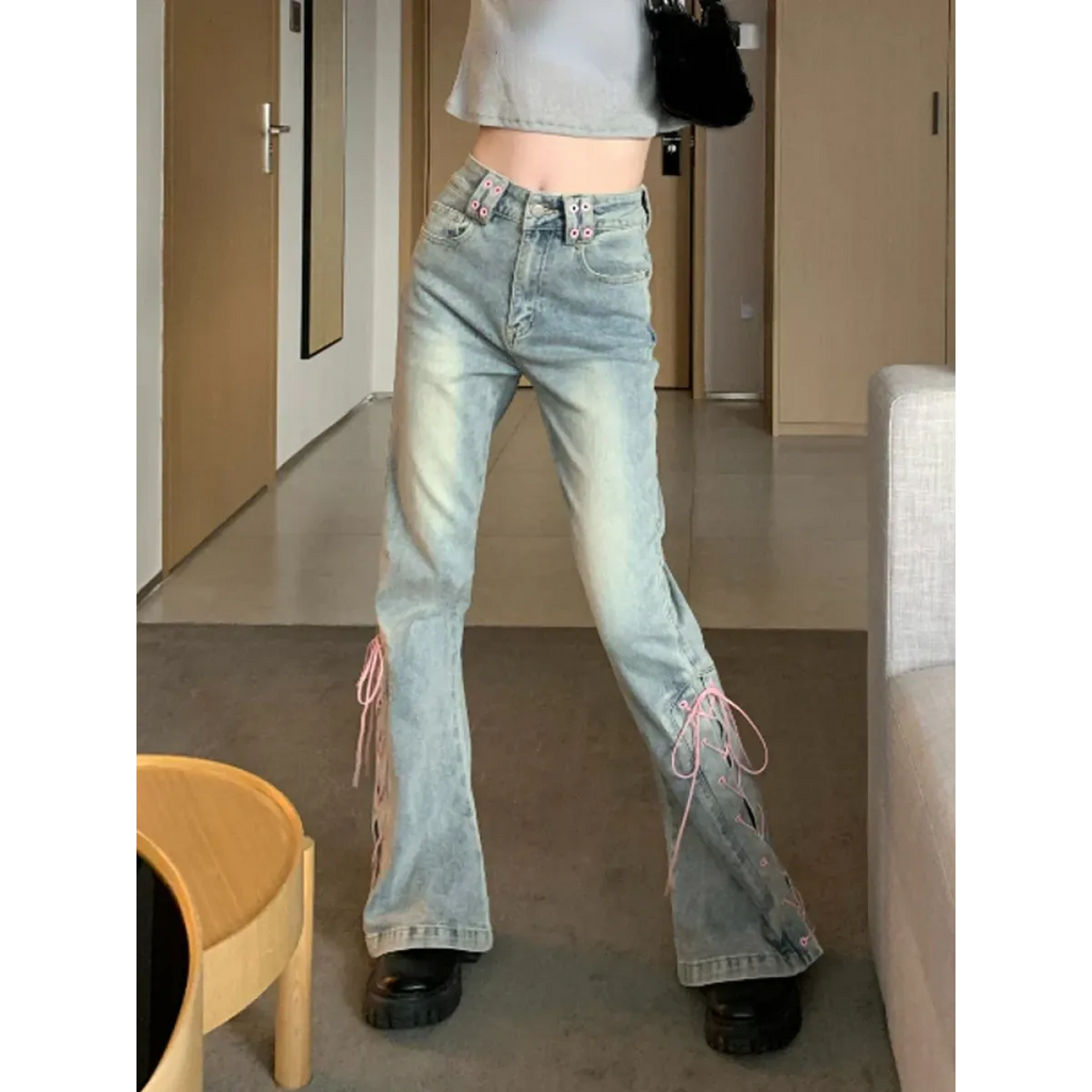 Denim Vintage Harajuku Lace-Up Flare Jeans