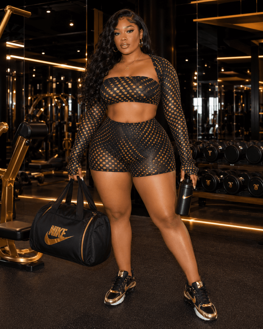 Gold Polka Dot Mesh 3-Piece Crop Top & Shorts Set