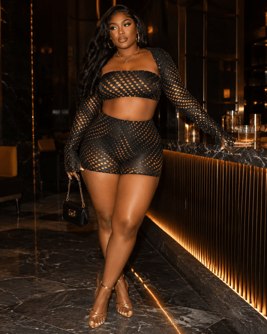 Gold Polka Dot Mesh 3-Piece Crop Top & Shorts Set