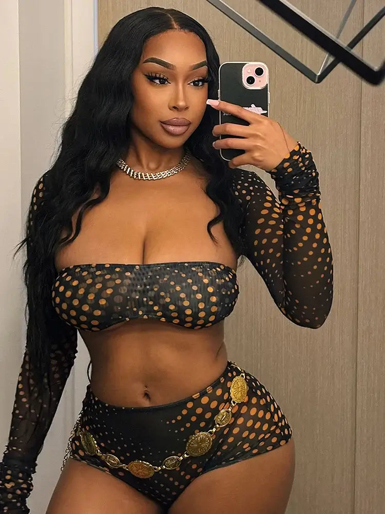 Gold Polka Dot Mesh 3-Piece Crop Top & Shorts Set