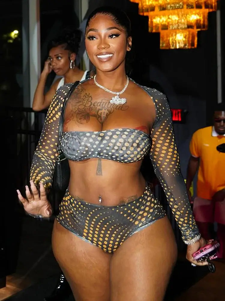 Gold Polka Dot Mesh 3-Piece Crop Top & Shorts Set