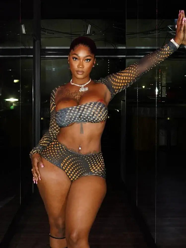 Gold Polka Dot Mesh 3-Piece Crop Top & Shorts Set