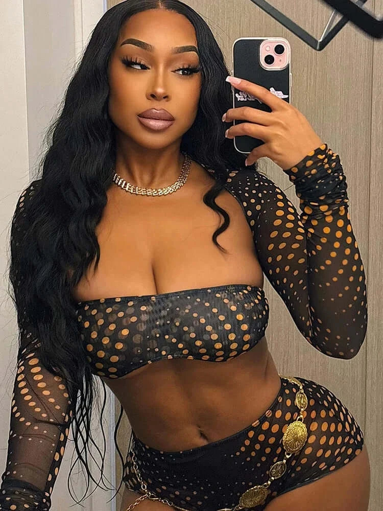 Gold Polka Dot Mesh 3-Piece Crop Top & Shorts Set