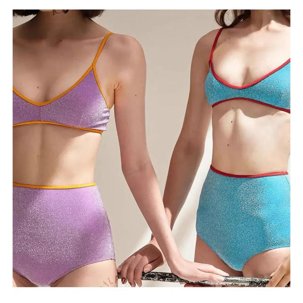Glitter Bikini Set – High Waist Shiny Contrast Trim Beachwear