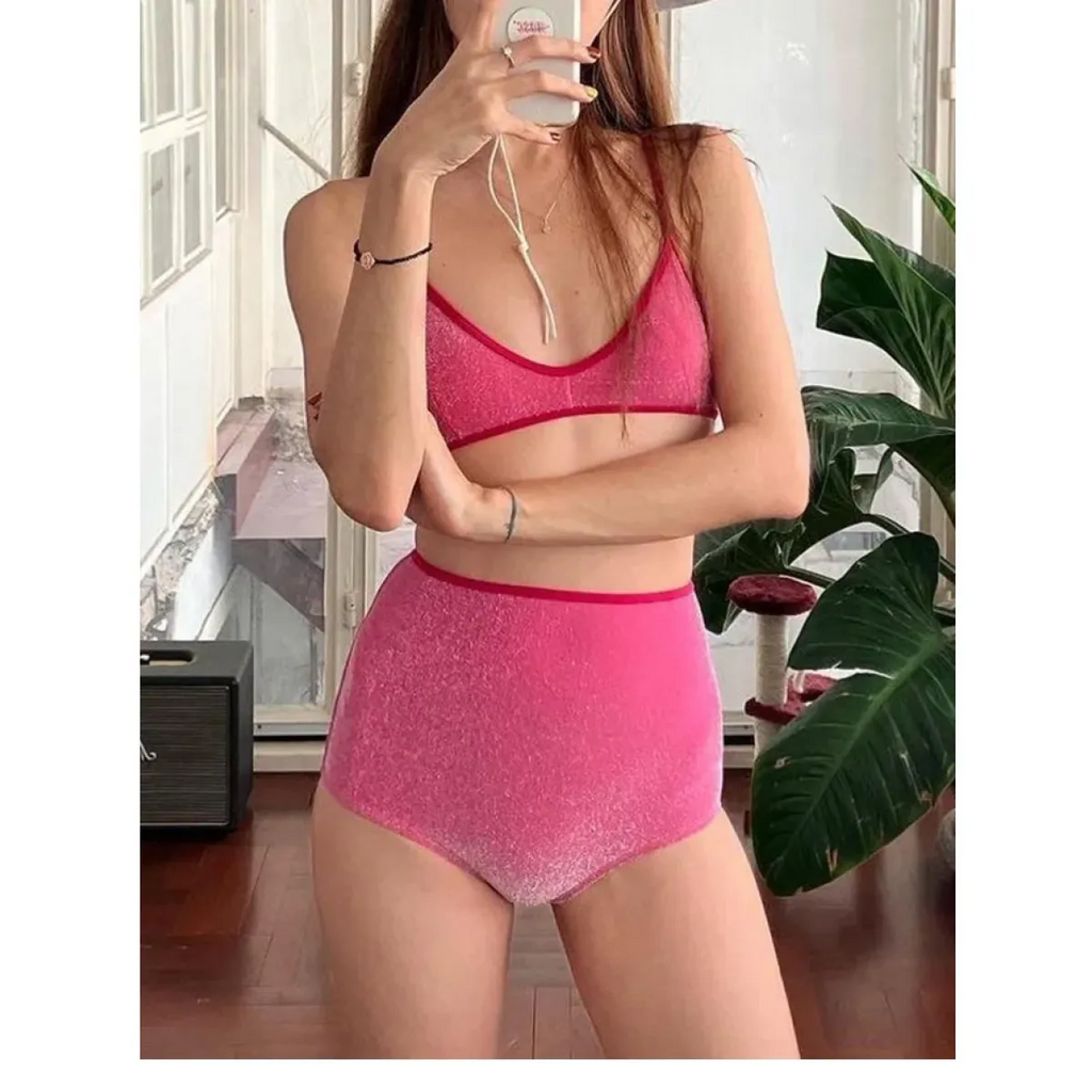 Glitter Bikini Set – High Waist Shiny Contrast Trim Beachwear