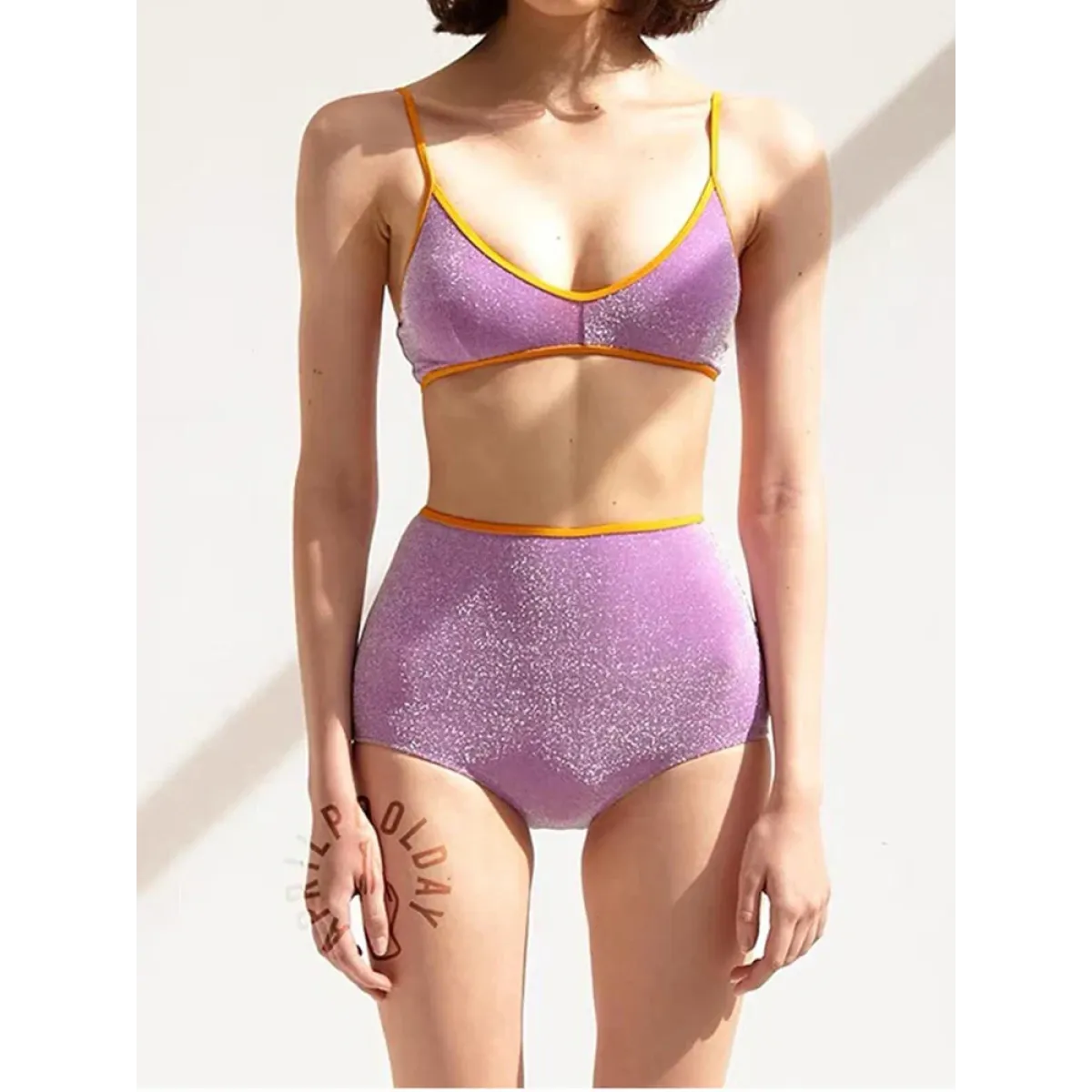 Glitter Bikini Set – High Waist Shiny Contrast Trim Beachwear