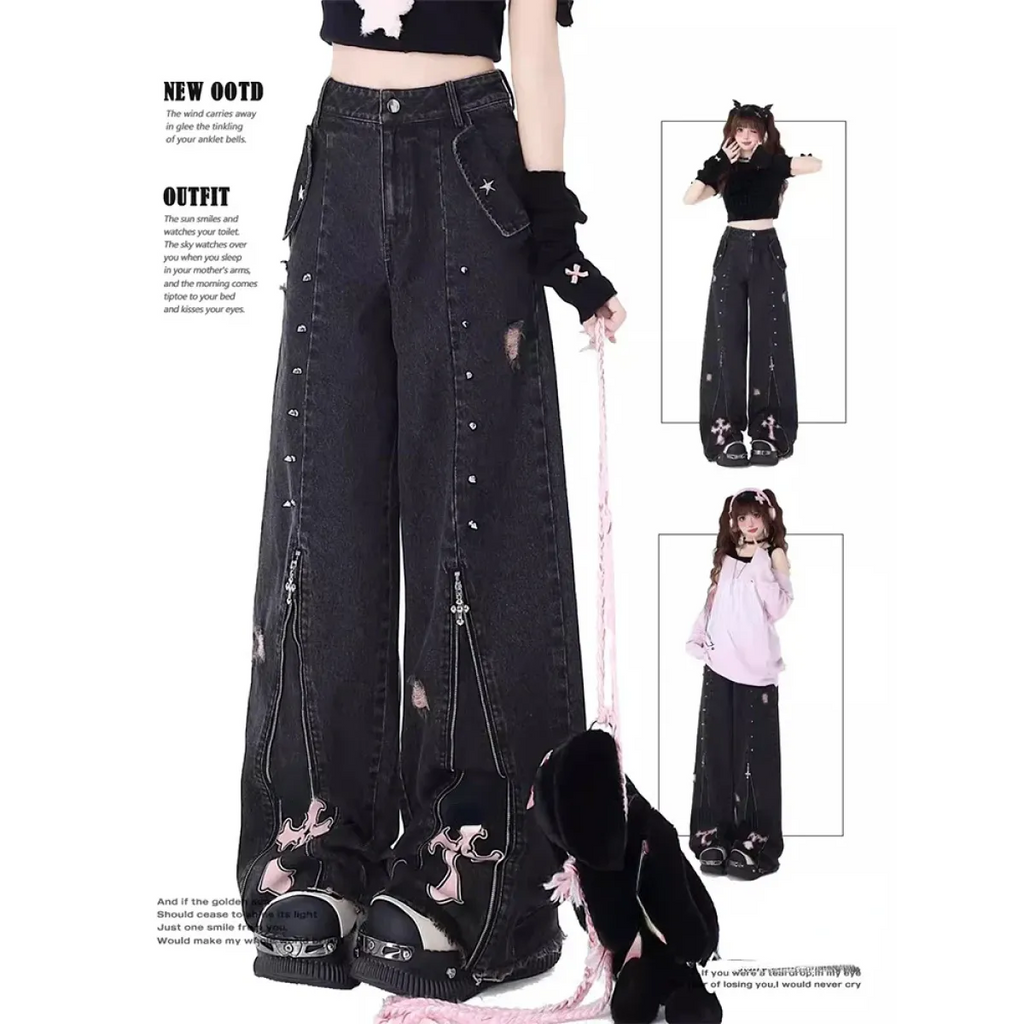 Gothic Harajuku Baggy Jeans – High Waist Y2K Denim Pants