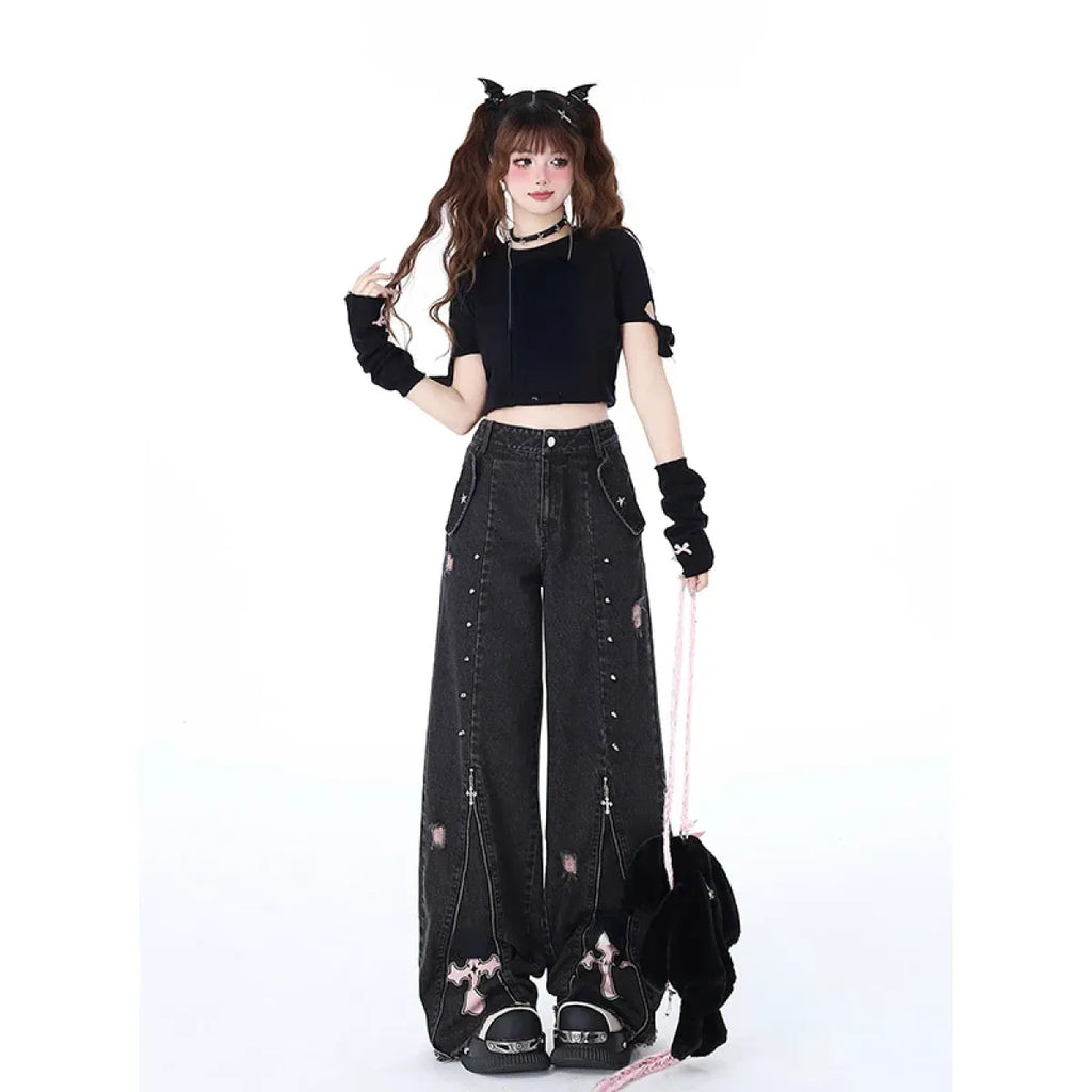 Gothic Harajuku Baggy Jeans – High Waist Y2K Denim Pants