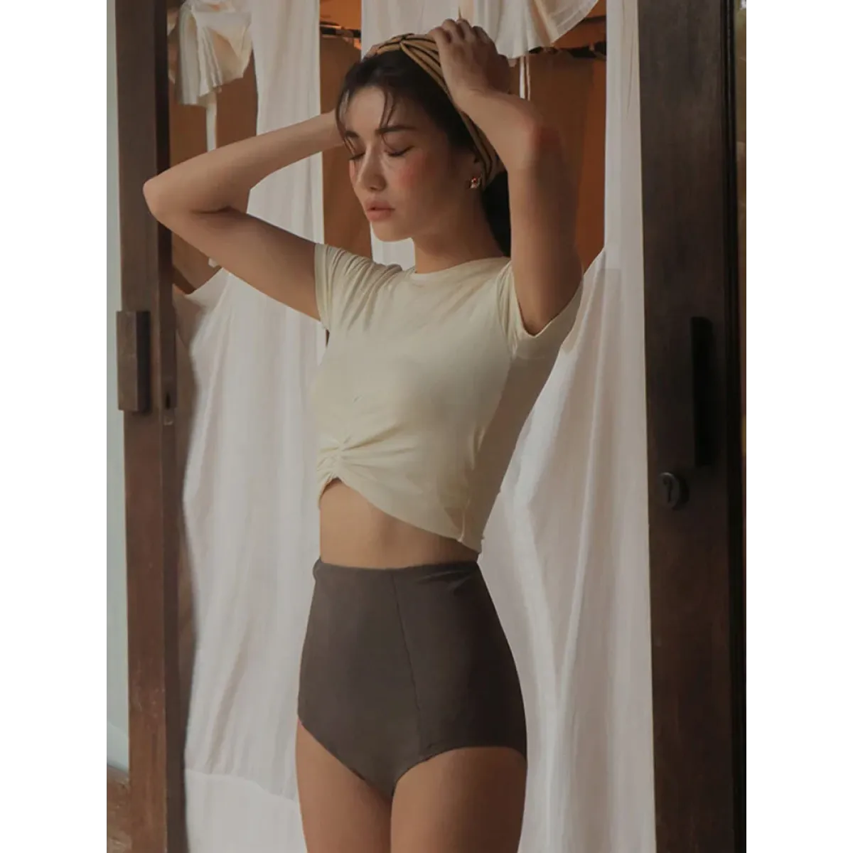 Bikini Set – High Waist Short Sleeve Pleated Korean Style