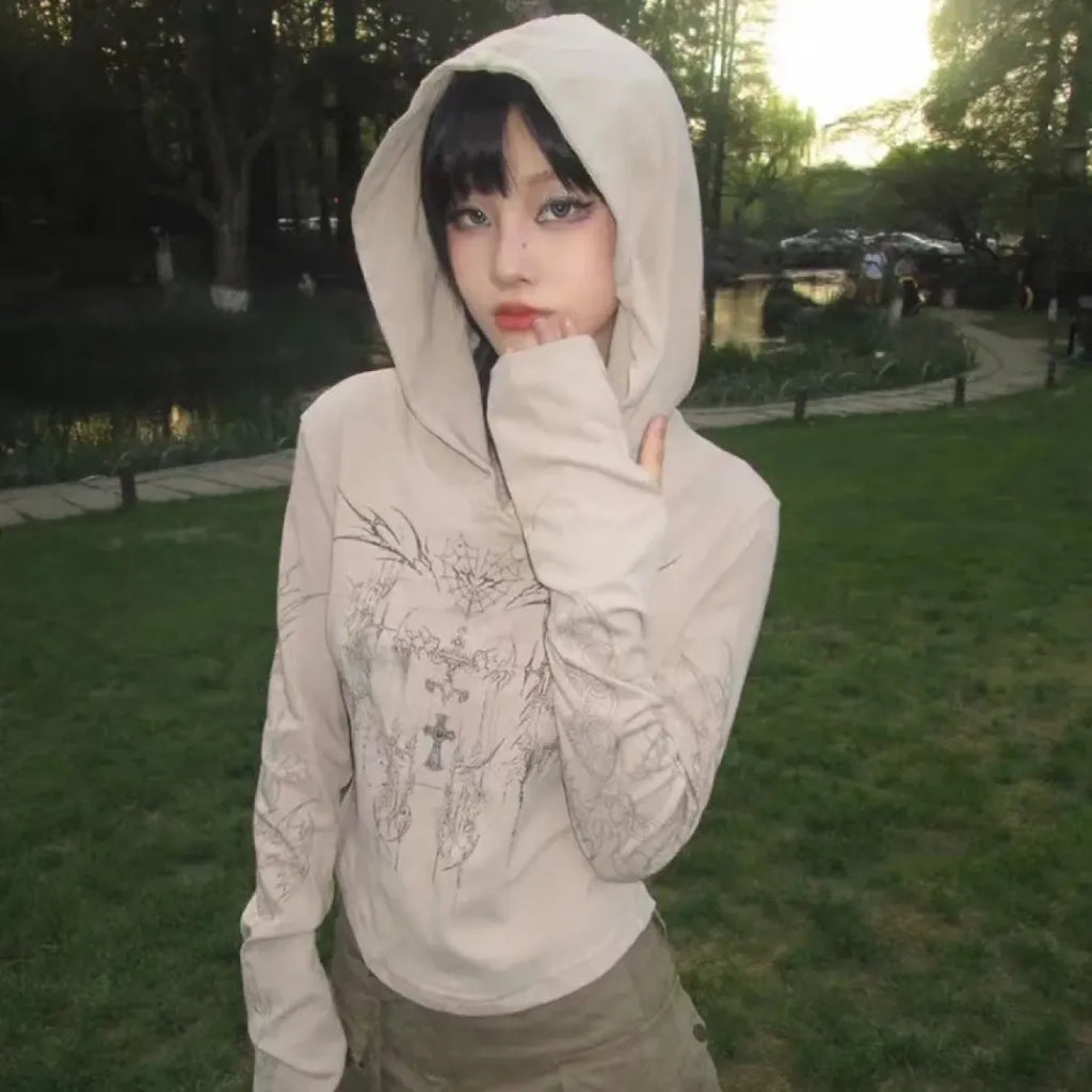Gothic Print Hoodie – Y2K E-Girl Long Sleeve Harajuku Top