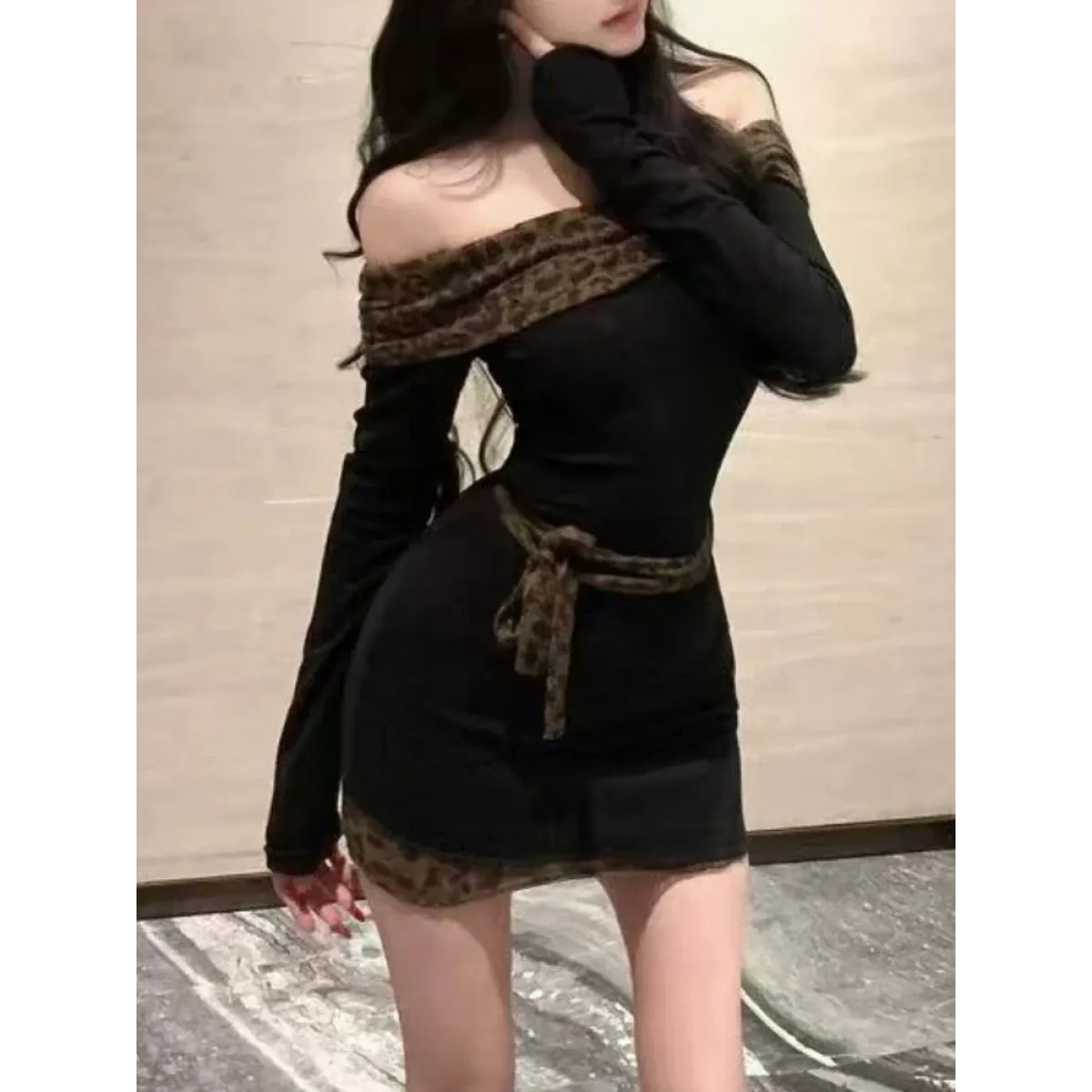 Black Off-Shoulder Mini Dress – Leopard Trim & Belt Detail