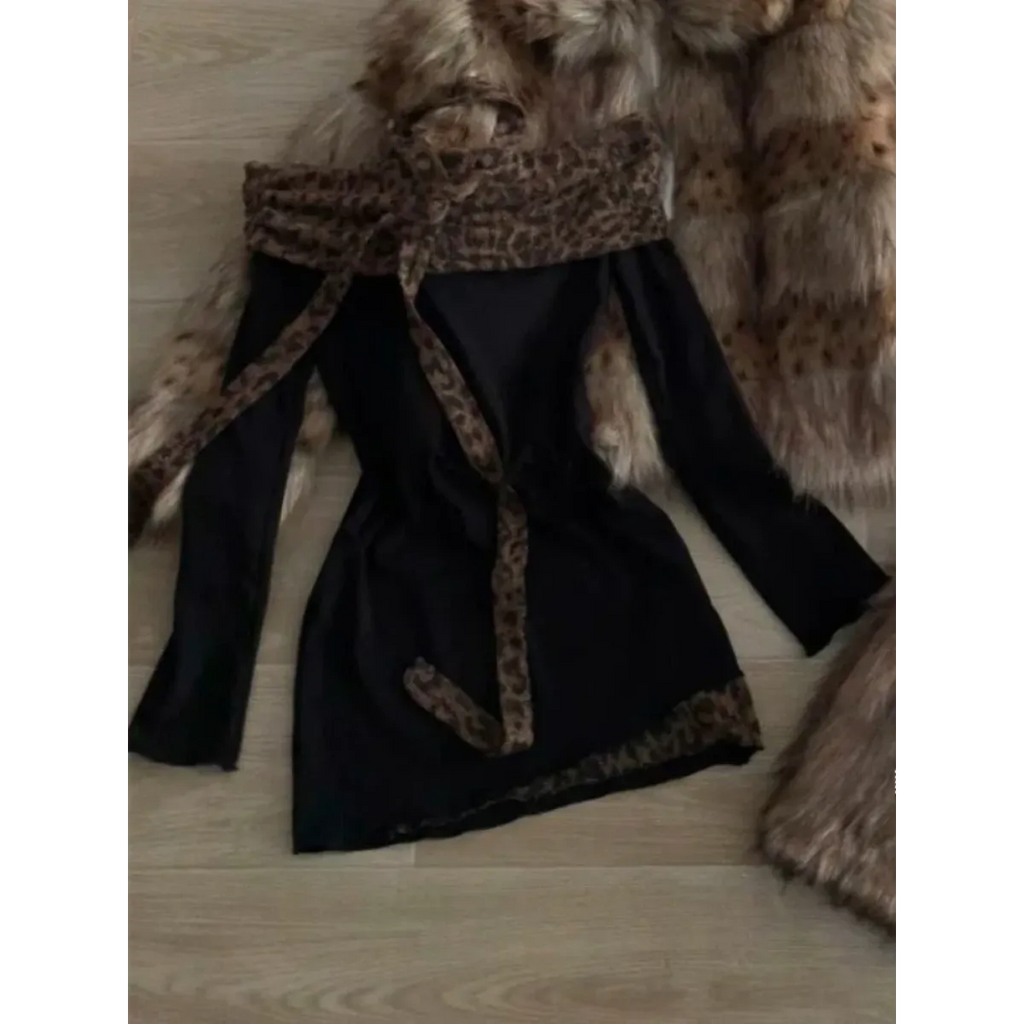 Black Off-Shoulder Mini Dress – Leopard Trim & Belt Detail
