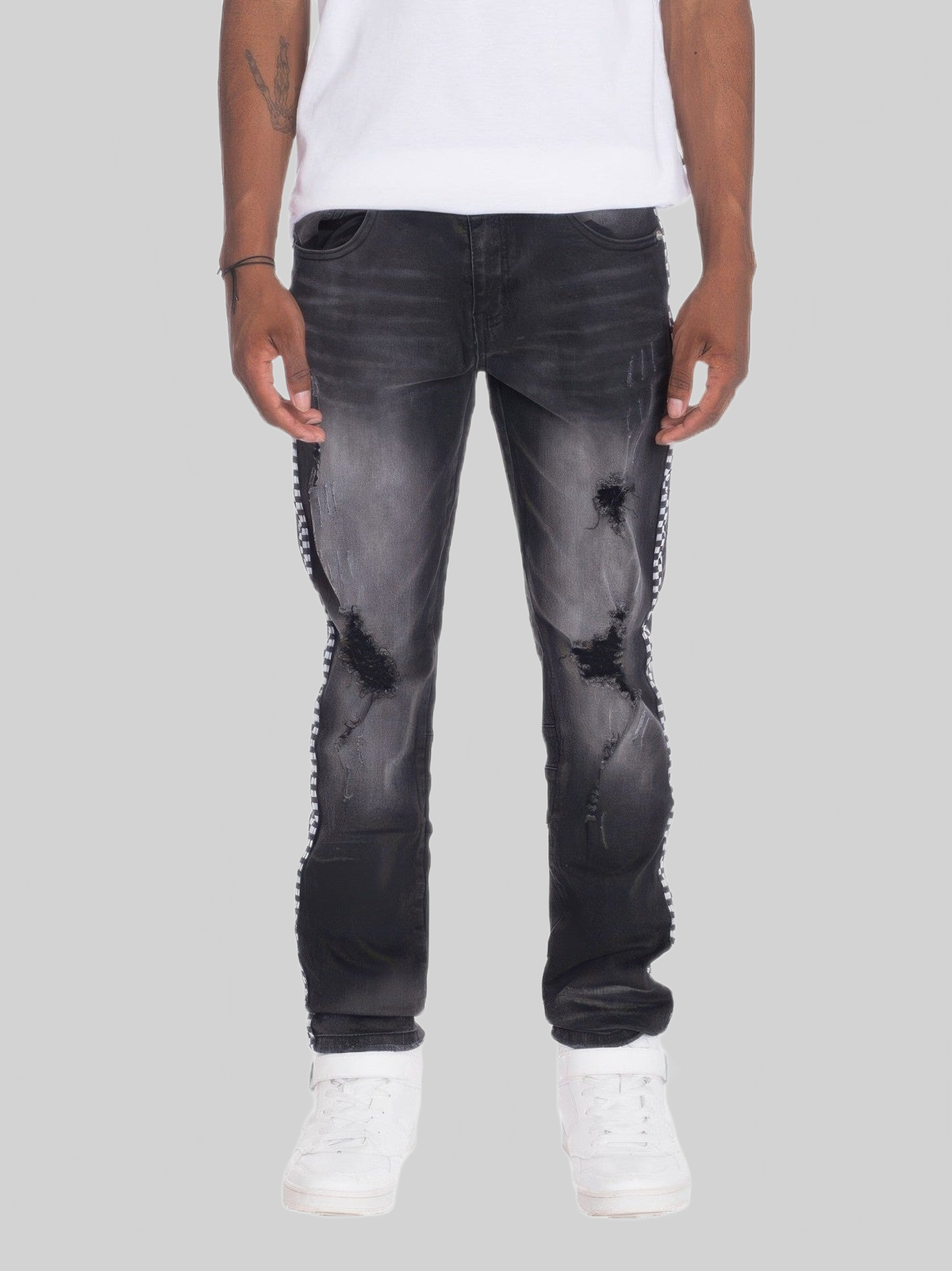 Men Distressed Denim Checkered Tape Jeans