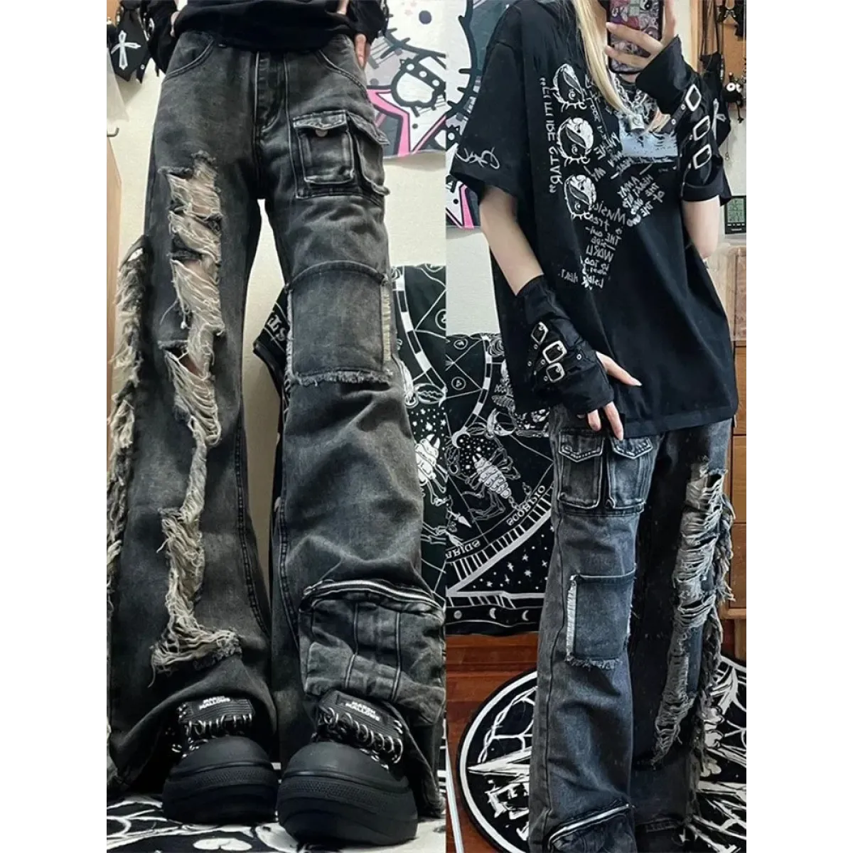 Ripped Cargo Jeans – Y2K E-Girl High Waist Streetwear Denim – Westside Supply Co.