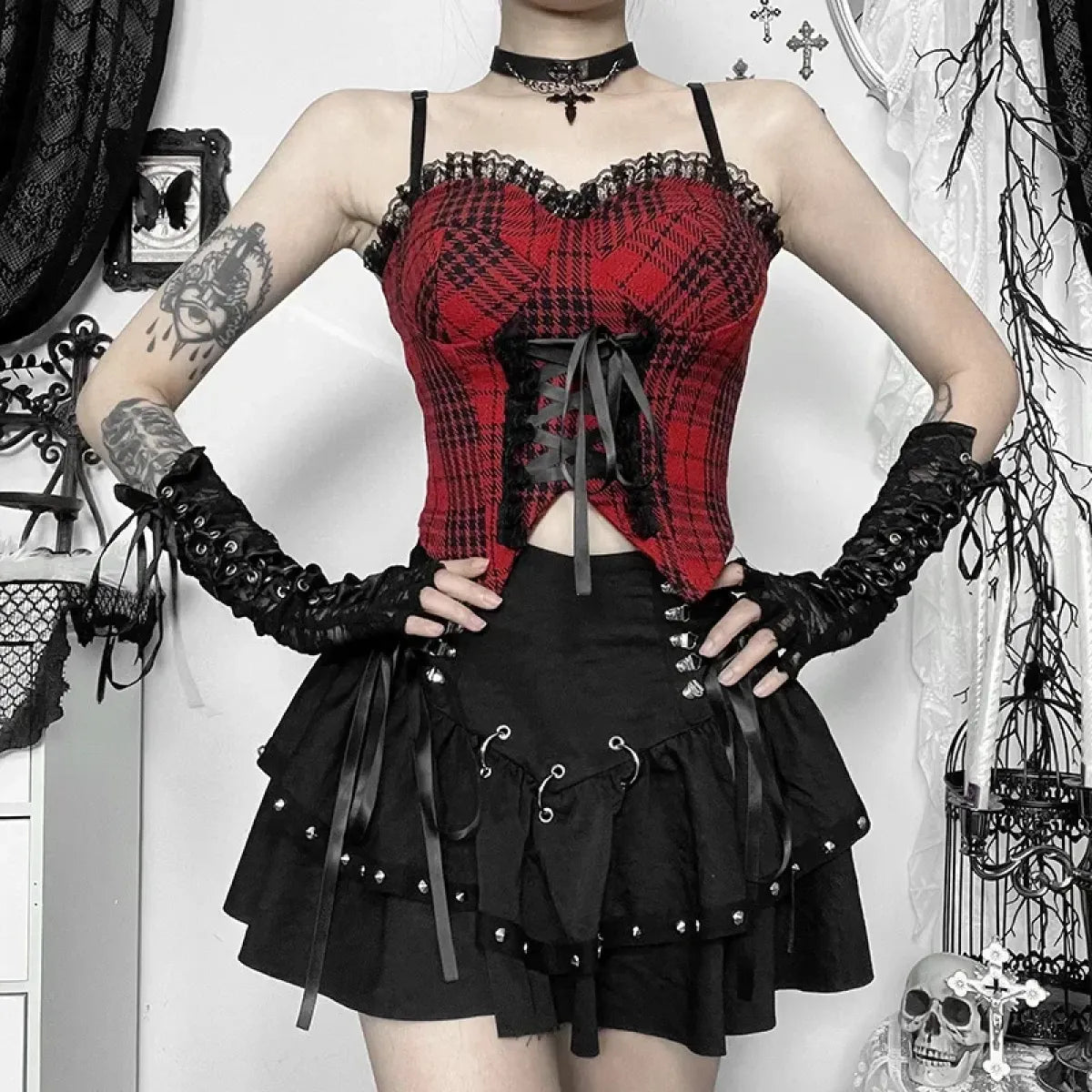 Rivet Bandage Mini Skirt – Y2K Grunge Gothic Punk Style