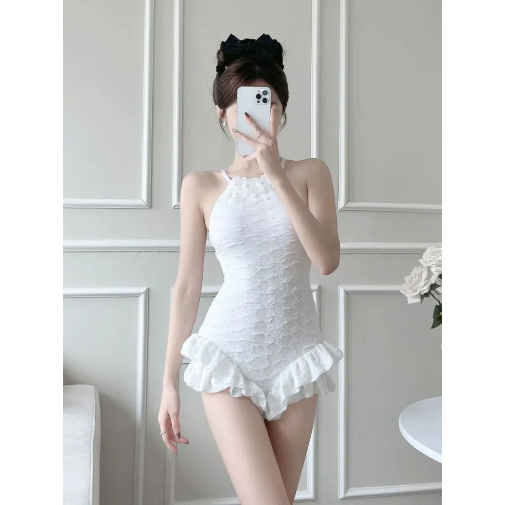 Textured Swimsuit – Ruffled Hem Halter One-Piece Beachwear