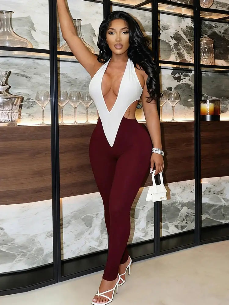 Sculpted Colorblock Plunge Halter Bodycon Jumpsuit