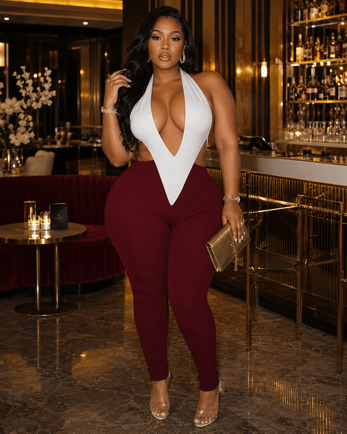 Sculpted Colorblock Plunge Halter Bodycon Jumpsuit