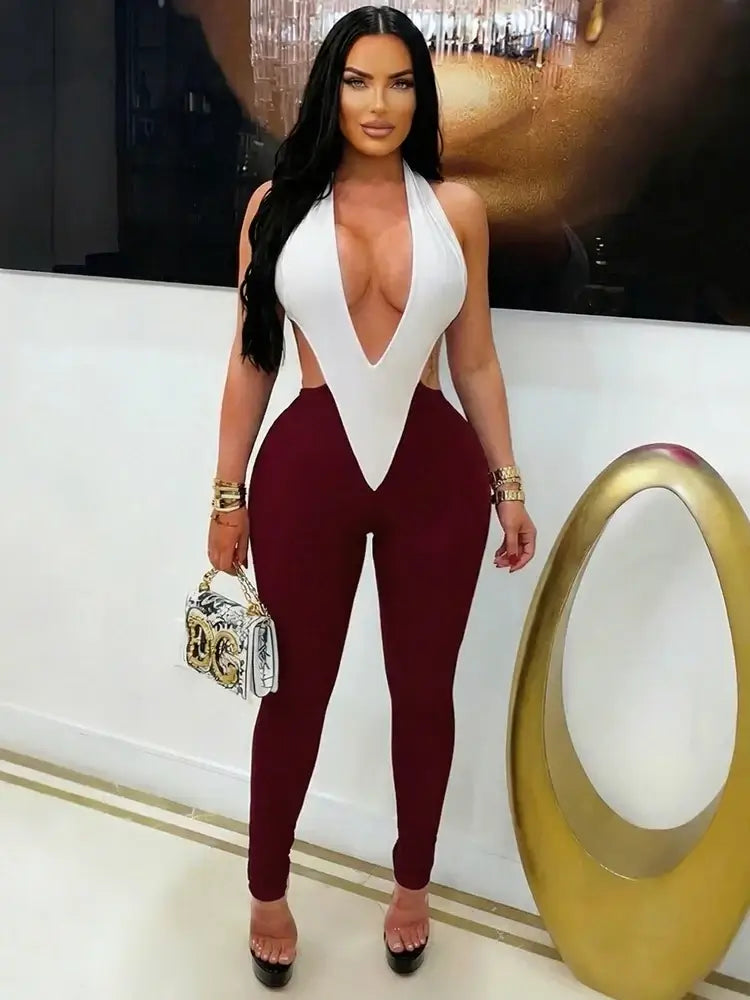 Sculpted Colorblock Plunge Halter Bodycon Jumpsuit
