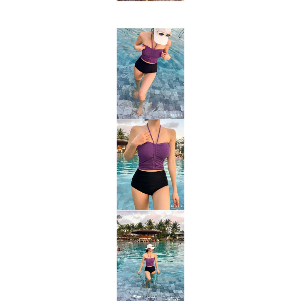 Strapless Bikini Set – High Waisted Black Contrast Lace Up Swimsuit