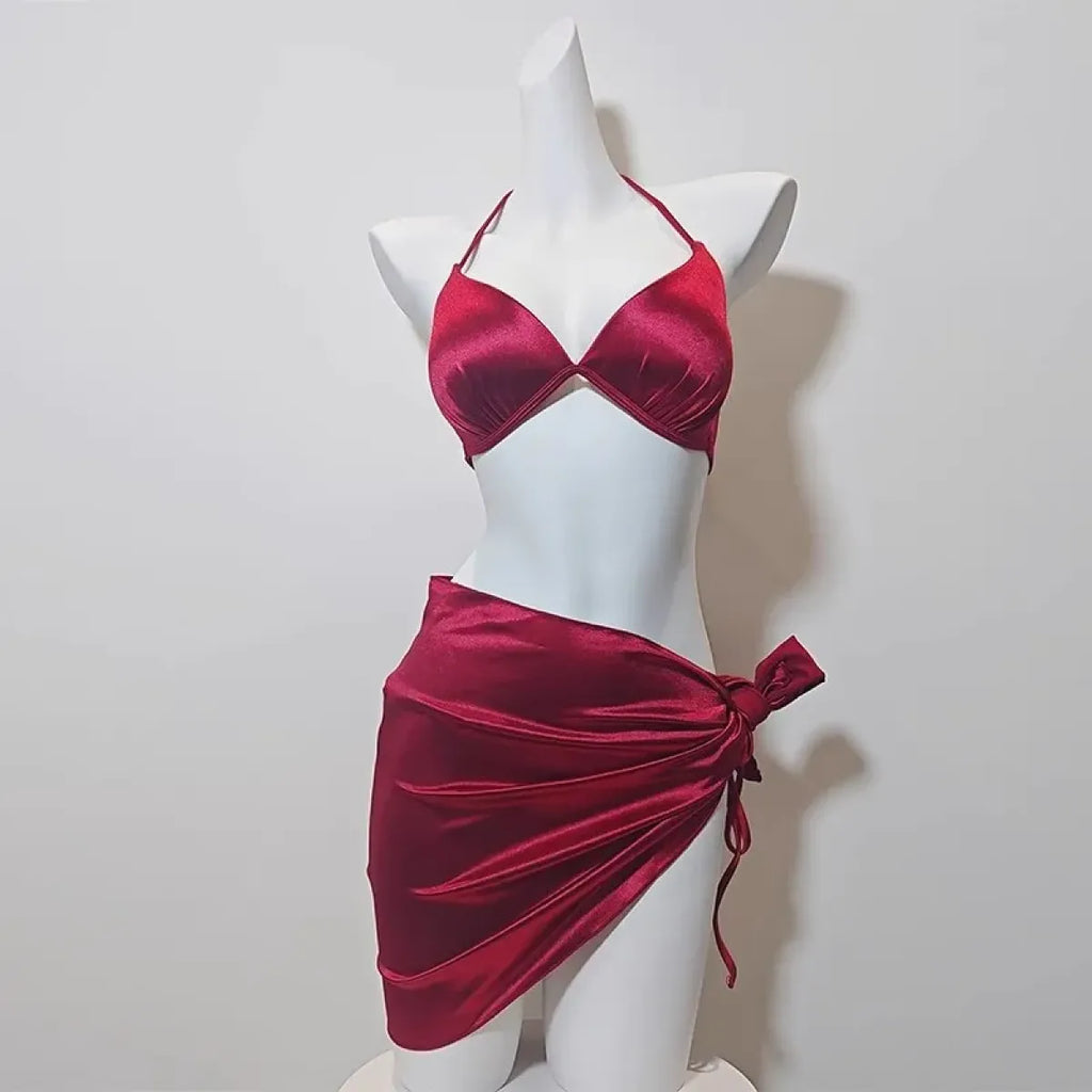 Satin Halter Bikini Set – Korean 3PCS Swimsuit with Skirt