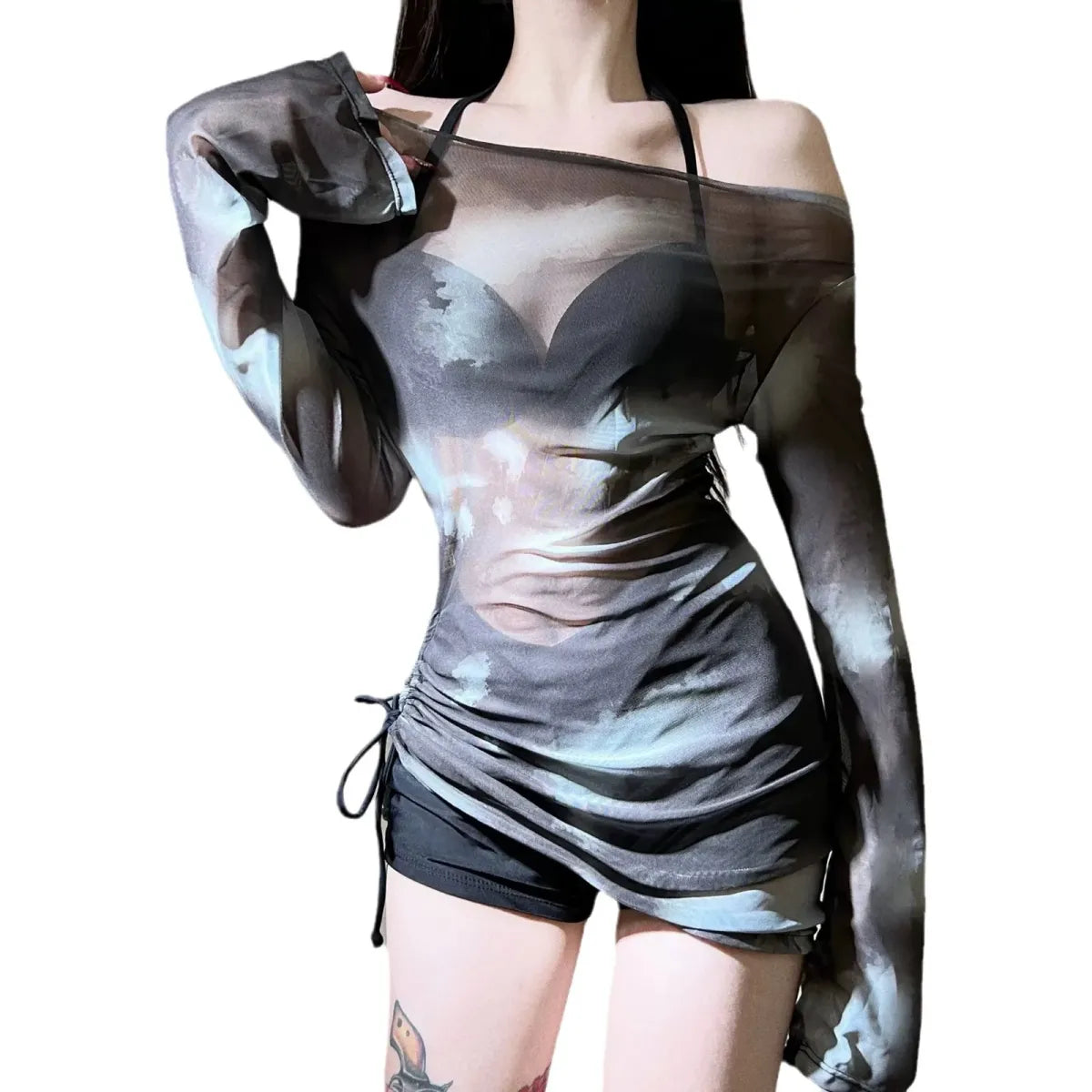 Tie-Dye Bikini Set – Korean Mesh Cover-Up with Drawstring Skirt