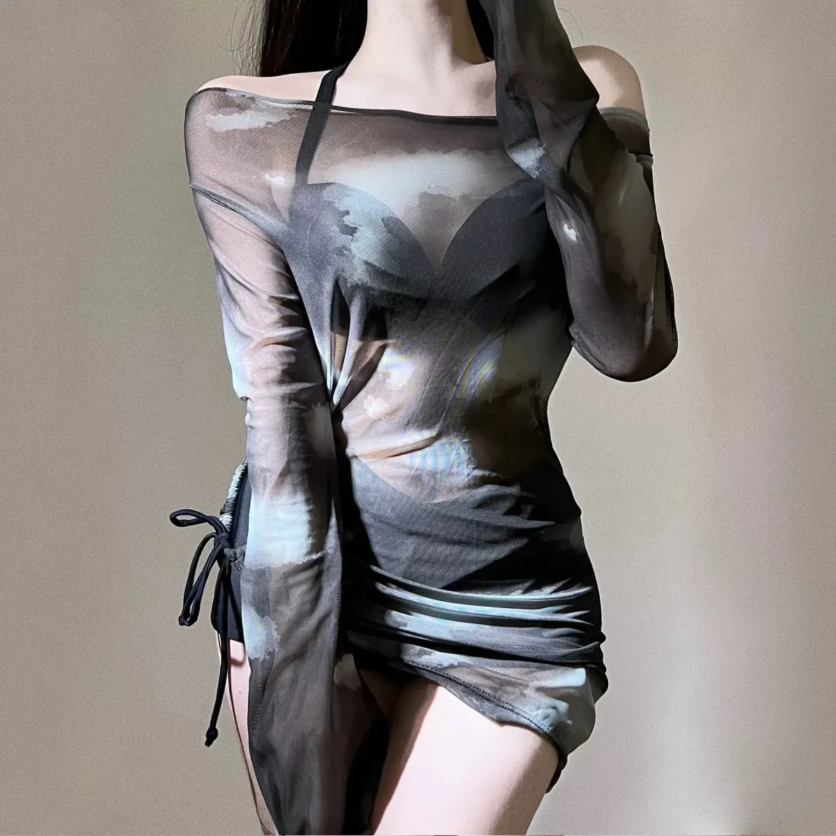 Tie-Dye Bikini Set – Korean Mesh Cover-Up with Drawstring Skirt