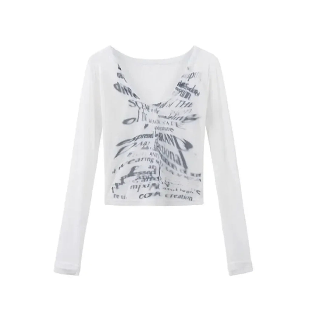 White Off-Shoulder Letter Print Top – Y2K Grunge Crop Tee