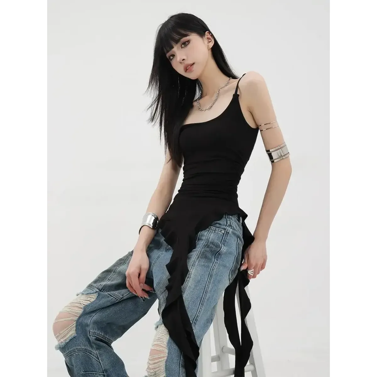Black Asymmetrical Ruffle Tank Top – Y2K Grunge Punk Camisole