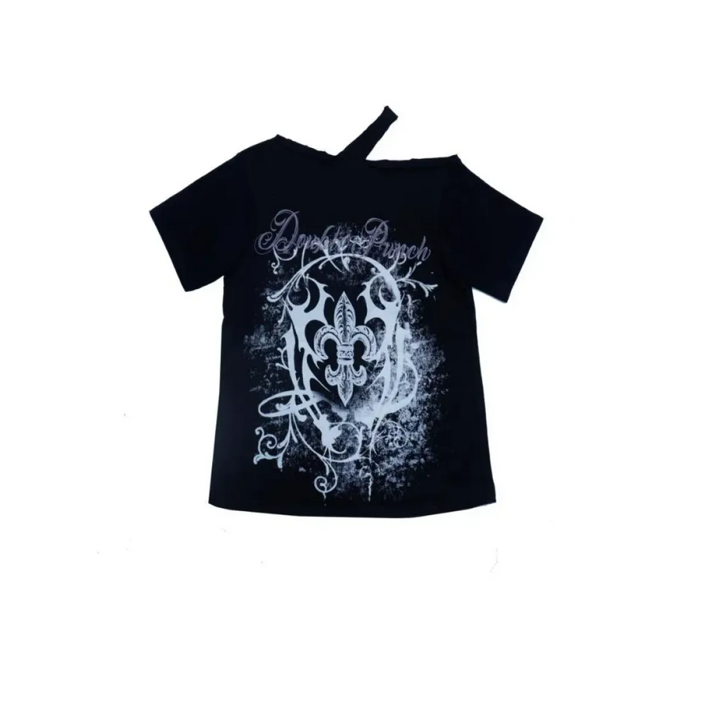 Black Gothic Print T-Shirt – Off-Shoulder Y2K Grunge Tee