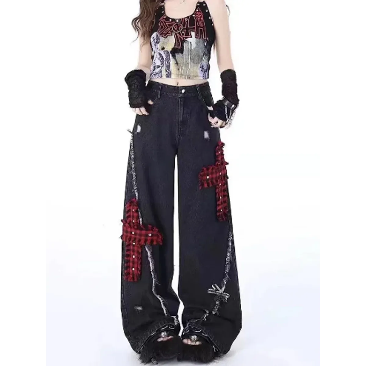Gothic Patchwork Baggy Jeans – Y2K Harajuku Grunge