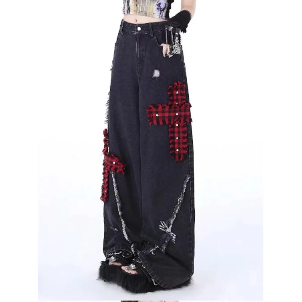 Gothic Patchwork Baggy Jeans – Y2K Harajuku Grunge
